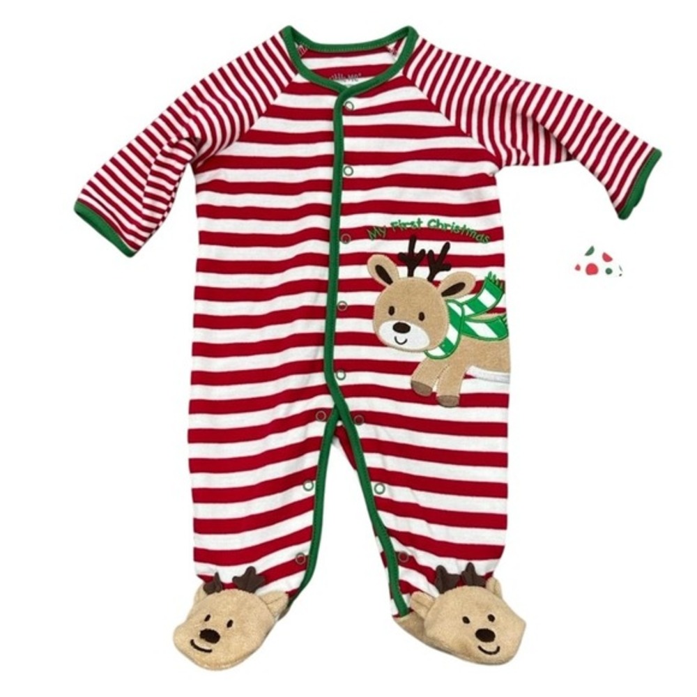 Little‎ Me Newborn Christmas Reindeer Stripe Footed Pajamas Romper NWT